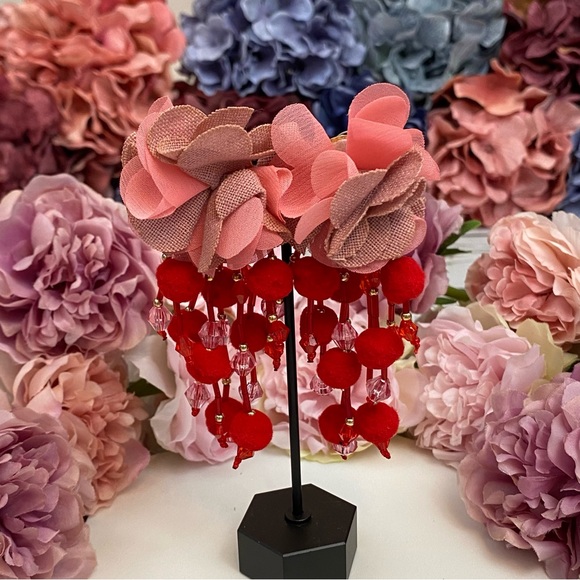 Boho Pink Rose Long Dangling Pom Pom Tassel Earrings - Picture 13 of 16